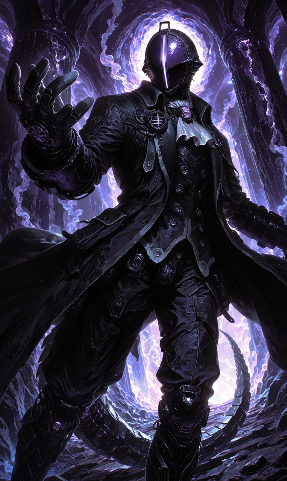 masterpiece, best quality, very awa, absurdres, highres, ultra-detailed, 8K, CG, official art, artist:mon_(monmon2133), chromatic aberration, high contrast, color contrast, cold colors, gritty,
Bondrewd, made in abyss, male, black coat, overcoat, ascot, black gloves, helmet, masked, long sleeves, black boots, black pants, outstretched arms, wide angle, incoming attack, attacking pose, foreshortening, hand down, claw,
dark purple background, pillar, purple and black theme, purple smoke, underground facility, mechanical lizard tail, 1hand up, glowing, glowing mask,
bokeh, (dramatic angle, dynamic angle:2), light rays, hard lighting, Backlit lens flare, vignetting, <lora:spo_sdxl_10ep_4k-data_lora_webui:0.6> <lora:748cmSDXL:0.3> <lora:mon_monmon2133:0.4><lora:noobai_vpred_1_masterpieces_v1:0.5> <lora:bestdad:0.5><lora:cfg_scale_boost:0.3>