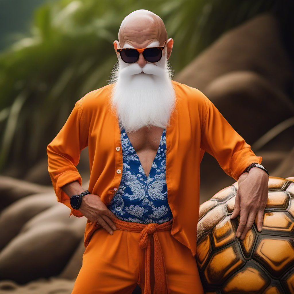 cinematic photo a very skinny bald old man, white beard, orange and white long sleeves button shirt, blue pants, sunglasses, giant turtle shell on the back, beach jungle, giant turtle, Master Roshi, dragon ball<lora:KameSennin1024-000010:0.8> . 35mm photograph, film, bokeh, professional, 4k, highly detailed