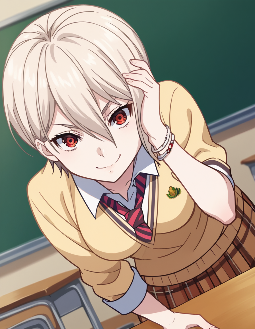 score_9, score_8_up, score_7_up, source_anime,
alicenakiri, <lora:alice-nakiri-s1-ponyxl-lora-nochekaiser:1>,
alice nakiri, short hair, red eyes, white hair, hair between eyes,
skirt, shirt, jewelry, school uniform, pleated skirt, necktie, striped, bracelet, sweater, plaid, plaid skirt, striped necktie, white shirt, collared shirt, light brown sweater,
indoors, classroom, bent over, smile,
looking at viewer, cowboy shot, dutch angle, solo,