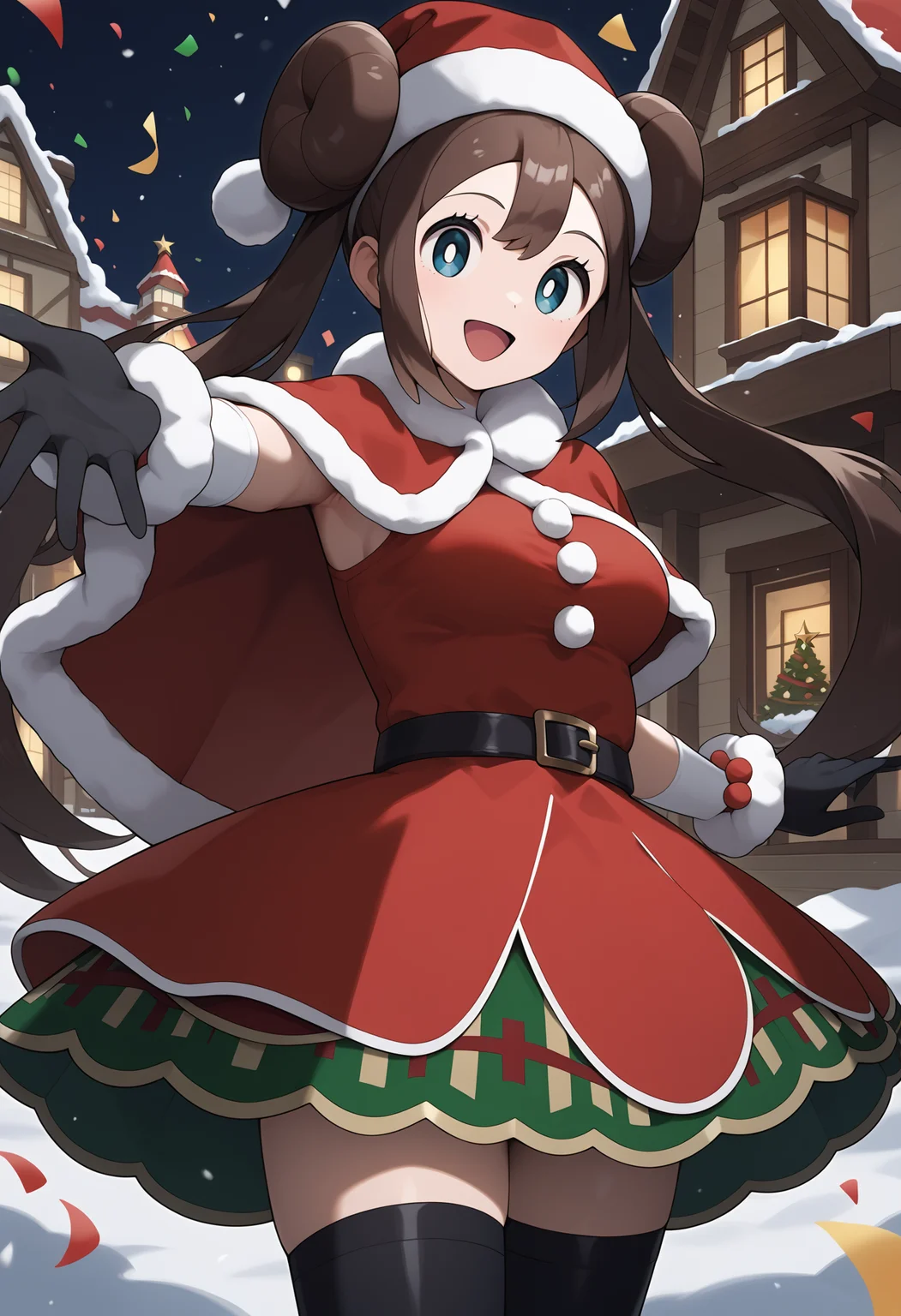 score_9, score_8_up, score_7_up, score_6_up, score_5_up, score_4_up, source_anime, aarosa, long hair, brown hair, double bun, twintails, hat, red headwear, blue eyes, medium breasts, fur trim, red capelet, red dress, elbow gloves, black gloves, black belt, layered skirt, black thighhighs, <lora:rosa_(pokemon)_ponyxl_v1:0.9>, smile, christmas, outdoors, snow, reaching, confetti, standing, cowboy shot, open mouth,