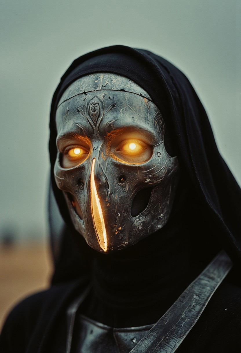 An extreme close-up of the nun’s face, framed by the intense, gritty realism of an old analog camera. The mechanical nun wears a detailed, ancient silver mask, its surface weathered and battle-scarred, yet intricately adorned with delicate engravings. The mask reflects the faint glow of divine energy, with radiant golden and white light flickering across its surface, highlighting every crevice and contour. Light shimmers and dances along the metallic surface, casting sharp contrasts between the glowing highlights and the deep shadows that fill the engraved details.
The eyes of the mask are hollow and eerie, yet there’s an ethereal light faintly pulsing from within, suggesting a divine power concealed behind the cold steel. Around her, the chaotic swirl of a dense, raging sandstorm blurs the edges of the image, creating an atmosphere of both serenity and violence. The violent storm is reflected in the shiny mask, capturing the dark, swirling sands while beams of holy light flicker from her weapon, illuminating her haunting presence in the middle of the storm.