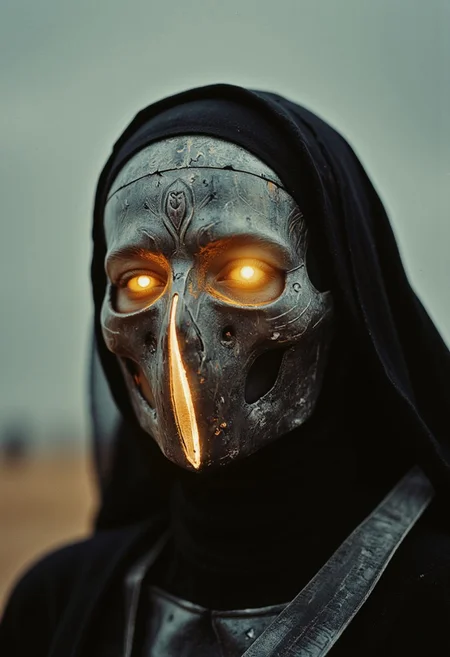An extreme close-up of the nun’s face, framed by the intense, gritty realism of an old analog camera. The mechanical nun wears a detailed, ancient silver mask, its surface weathered and battle-scarred, yet intricately adorned with delicate engravings. The mask reflects the faint glow of divine energy, with radiant golden and white light flickering across its surface, highlighting every crevice and contour. Light shimmers and dances along the metallic surface, casting sharp contrasts between the glowing highlights and the deep shadows that fill the engraved details.
The eyes of the mask are hollow and eerie, yet there’s an ethereal light faintly pulsing from within, suggesting a divine power concealed behind the cold steel. Around her, the chaotic swirl of a dense, raging sandstorm blurs the edges of the image, creating an atmosphere of both serenity and violence. The violent storm is reflected in the shiny mask, capturing the dark, swirling sands while beams of holy light flicker from her weapon, illuminating her haunting presence in the middle of the storm.