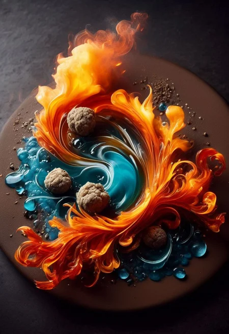 ElementsMix: fire, water, earth, and wind beautifully plated to be served at a high end restaurant, molecular gastronomy, mise en place, ornately prepared food photography, shot from above
