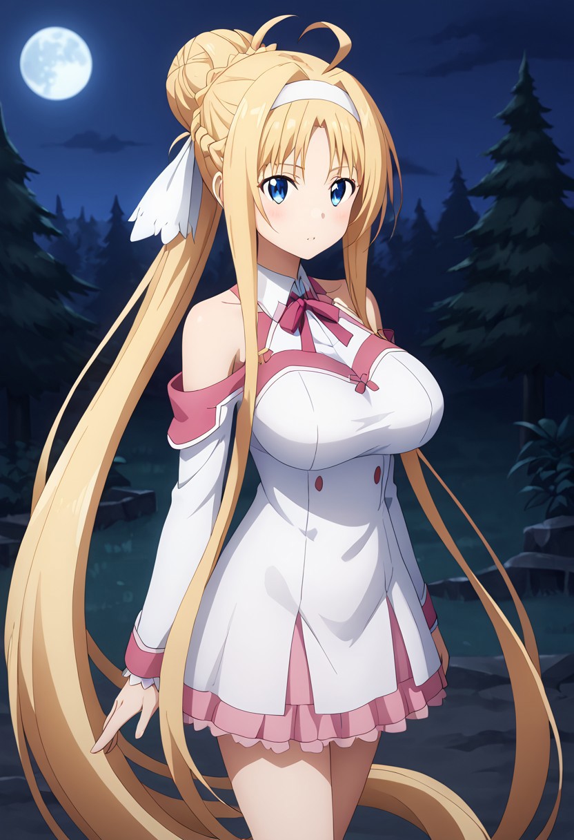 (masterpiece), best quality, perfect eyes, expressive eyes, perfect face, expressive face, perfect hands, (((((detailed hair))))), (((perfect eyes))), perfect legs, (((1 Girl))), (Sylpha), very long hair, blue eyes, huge breasts, blushing, (((aroused))), blonde hair, very long hair, hair up, (hair bun), folded ponytail, ((long sidelocks)), ahoge, blonde hair, blue eyes, hair between eyes, bangs, ((white hairband)), (((hair ribbon))), (((((view up close))))), view from above, view from side, outdoors, forest, trees, night, moon, stacia, (((((absurdly long hair))))), blue eyes, long hair, parted bangs, blonde hair, very long hair, very long sidelocks, braid, hair up, ((hair bun)), (ponytail), hair ribbon, alice zuberg, blue eyes, parted bangs, blonde hair, very long hair, very long sidelocks, braid, hair up, ((hair bun)), (ponytail), astnig, asuna \(sao\), (((((absurdly long hair))))), blue eyes, parted bangs, blonde hair, very long hair, very long sidelocks, braid, hair up, ((hair bun)), (ponytail), hair ribbon, off shoulder, long sleeves, halterneck, ribbon trim, white nightgown, two-tone dress, (((pink trim))), layered skirt,