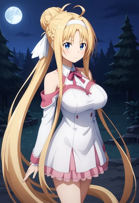 (masterpiece), best quality, perfect eyes, expressive eyes, perfect face, expressive face, perfect hands, (((((detailed hair))))), (((perfect eyes))), perfect legs, (((1 Girl))), (Sylpha), very long hair, blue eyes, huge breasts, blushing, (((aroused))), blonde hair, very long hair, hair up, (hair bun), folded ponytail, ((long sidelocks)), ahoge, blonde hair, blue eyes, hair between eyes, bangs, ((white hairband)), (((hair ribbon))), (((((view up close))))), view from above, view from side, outdoors, forest, trees, night, moon, stacia, (((((absurdly long hair))))), blue eyes, long hair, parted bangs, blonde hair, very long hair, very long sidelocks, braid, hair up, ((hair bun)), (ponytail), hair ribbon, alice zuberg, blue eyes, parted bangs, blonde hair, very long hair, very long sidelocks, braid, hair up, ((hair bun)), (ponytail), astnig, asuna \(sao\), (((((absurdly long hair))))), blue eyes, parted bangs, blonde hair, very long hair, very long sidelocks, braid, hair up, ((hair bun)), (ponytail), hair ribbon, off shoulder, long sleeves, halterneck, ribbon trim, white nightgown, two-tone dress, (((pink trim))), layered skirt,