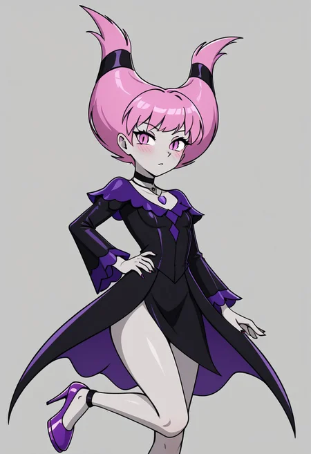 solo, 1girl, Petite, small bust, short pink hair, pale grey skin, pink eyes, blush, long flowing black dress, violet lace trim, high slit showing one leg, long flared sleeves with lace edges, black choker with violet pendant, violet heels, standing with one hand on hip and the other holding the hem of the dress
