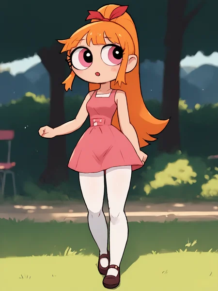 score_9, score_8_up, score_7_up, score_6_up, BREAK, T66nBl0ss0m, 1girl, solo, long hair, ponytail, hair ribbon, orange hair, pink eyes, pink dress, white pantyhose, <lora:Teen_Blossom2:1>