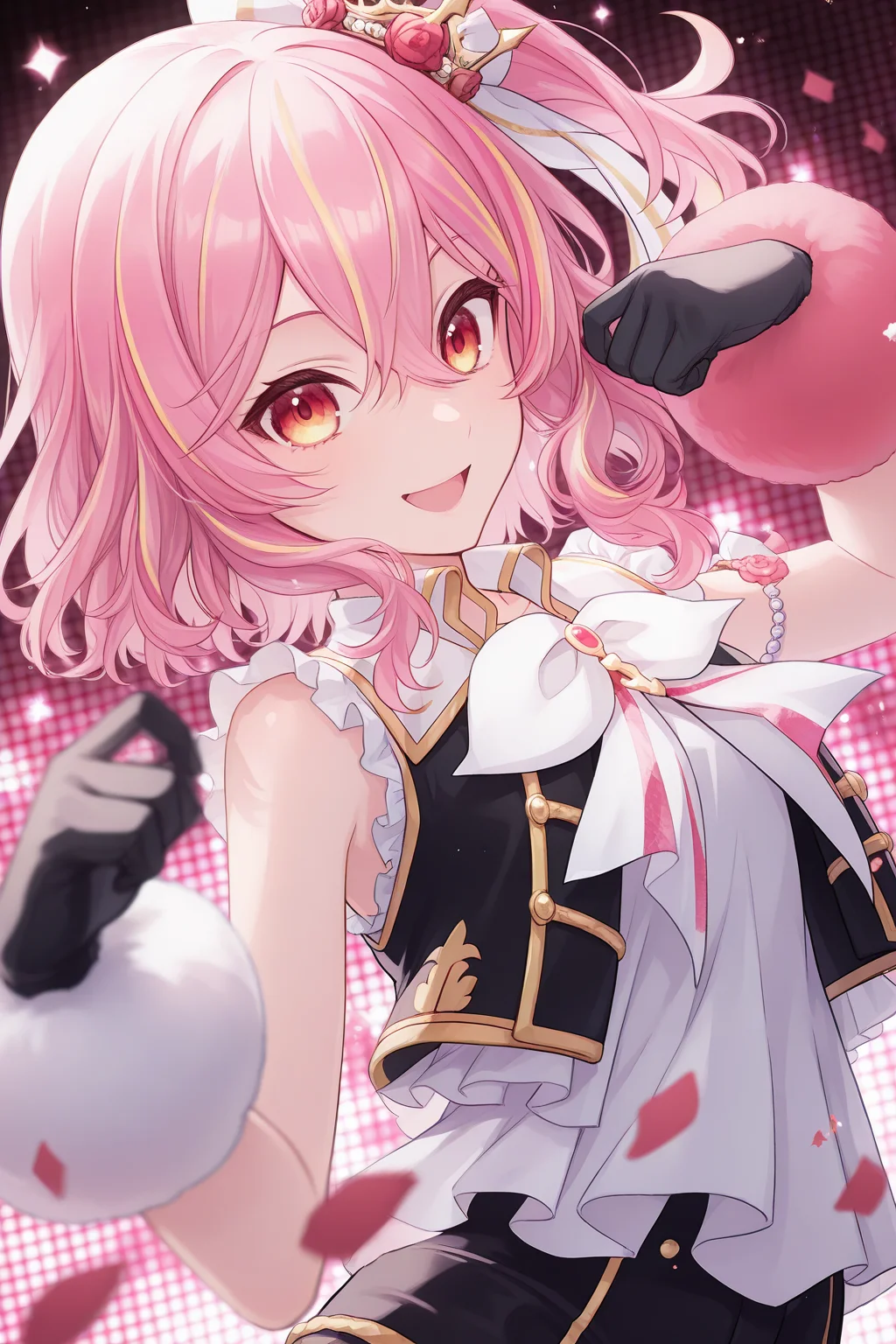 1girl, RLIdolHairstyle, RLIdolCostume,
general, solo, perspective, dynamic angle, upper body,
medium hair, pink hair, short sidetail, multicolored hair, red eyes,
idol, mini crown, red rose,
vest, sleeveless, white bowtie,
armband, black gloves, asymmetrical gloves,
black shorts,
looking at viewer, light smile, open mouth,
depth of field,
<lora:kp_RosemiLovelockNijisanjiIllustrious_v1_0:1.0>,
masterpiece, best quality, amazing quality