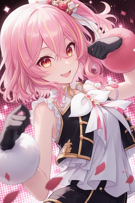 1girl, RLIdolHairstyle, RLIdolCostume,
general, solo, perspective, dynamic angle, upper body,
medium hair, pink hair, short sidetail, multicolored hair, red eyes,
idol, mini crown, red rose,
vest, sleeveless, white bowtie,
armband, black gloves, asymmetrical gloves,
black shorts,
looking at viewer, light smile, open mouth,
depth of field,
<lora:kp_RosemiLovelockNijisanjiIllustrious_v1_0:1.0>,
masterpiece, best quality, amazing quality