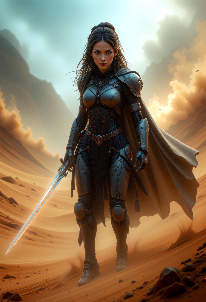 A cinematic scene unfolds in a desert landscape, where a Valenar Elf warrior, a fusion of ancient traditions and high-tech innovations, stands ready for battle. Her clothing, a blend of traditional elven attire and futuristic technology, includes a high-tech cloak and armor, enhancing her agility and protection. The warrior, with her sword drawn, faces the sandstorm, her determined expression capturing the essence of resilience and strength. This high-resolution photograph, with its dynamic composition, energetic pose, and hyper-realistic details, utilizes dramatic lighting and shallow depth of field to create a captivating image, leaving viewers enthralled by the warrior's beauty, power, and the mysteries of the desert's harsh environment.     <lora:flux/Sinfully_Stylish_.02_for_FLUX-000002.safetensors:1.0>,  <lora:flux/perfection style v2d.safetensors:1.0>, perfection style, <lora:flux/ARTifacts.safetensors:1.0>,