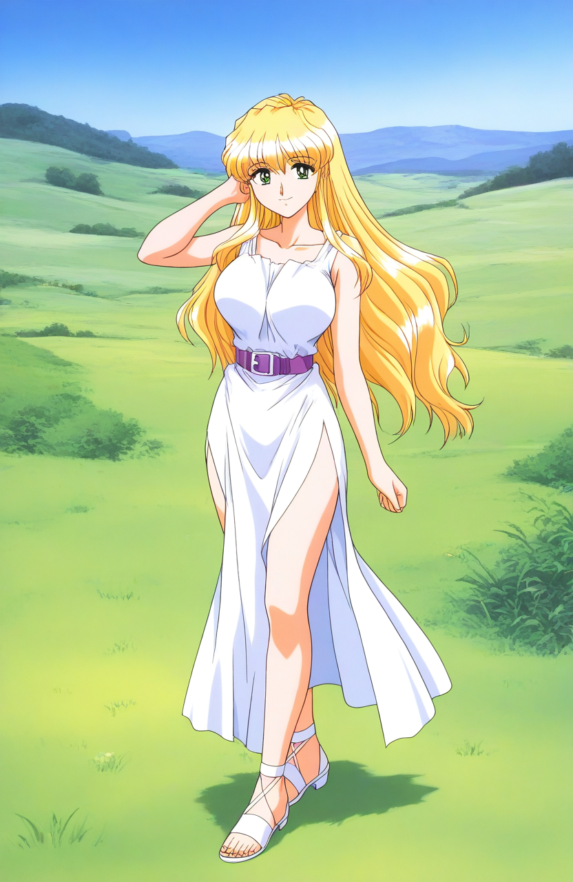 general,highres, ultra-detailed,very aesthetic,best quality ,best hands, BREAK <lora:Sayless_YU-NO_OVA_IS:1>
Sayless(OVA), 1girl, solo, blonde hair, long hair, green eyes, bangs, large breasts, 
white dress, smile, looking at viewer, pelvic curtain, collarbone,  white sandal, bare shoulders, purple belt,
grass, sky, fantasy,