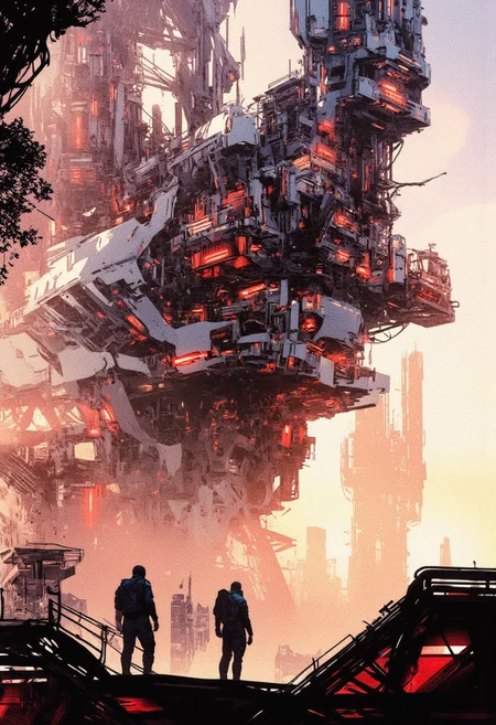 Inkpunk Anime, Abstract digital painting in the style of ck-js, concept art, futuristic, a fractal-shaped Artemis Station spaceport megastructure of a Colossal scale in background, white ceramic and gleaming silver metallic surfaces glistening with condensation from the mist, red glowing diodes and lights, large depth of field, sunset, silhouetted, directional lighting, with scientists in spacesuits surrounding it