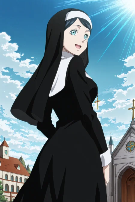 anime screencap, anime coloring, detailed face, masterpiece, best quality, very aesthetic, absurdres, volumetric lighting, official style, amazing quality, ultra detailed, highres, amazing quality, scenery, beautiful detailed hair, beautiful detailed eyes,
<lora:StS-Illustrious-Detail-Slider-v1.0:4>
<lora:illustrious_quality_modifiers_masterpieces_v1:1>
<lora:Sister_Lily_Aquaria_Black_Clover:1>
outdoors, outside of a church, day, blue sky, clouds, sunbeams,
Sister Lily Aquaria (character), 1girl, nun, solo, habit, traditional nun, cross, jewelry, cross necklace, necklace, blue eyes, aqua eyes, black hair, breasts, dress, :D, open mouth smile, looking back at the viewer, cowboy shot, from behind, low angle, POV, mole under eye,