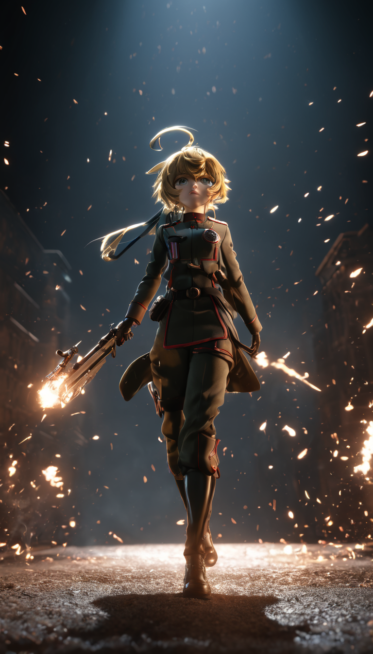 professional 3d model Cinematic scene, hero view, Tanya Degurechaff , Youjo Senki, action pose, detailed background, masterpiece, best quality, high quality, absurdres <lora:tanya_degurechaff_xl_v4:1> . octane render, highly detailed, volumetric, dramatic lighting