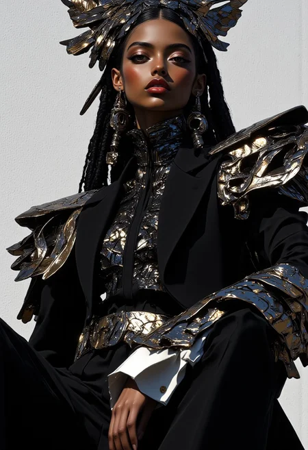 8k, hyper-realistic, cinematic quality, photorealistic, HDR, featuring a striking black female model with intricately braided hair, posed gracefully in a structural black suit with exaggerated shoulders. The suit’s angular precision contrasts with a patterned undershirt and crisp white cuffs, evoking an architectural aesthetic infused with avant-garde artistry.
The model's accessories include statement earrings resembling crystalline fractals, adding a mathematical dimension to her look. Her expression is poised, her presence exuding strength and sophistication. The close-up editorial portrait emphasizes her flawless complexion and the interplay of bold textures.
The background is minimalist with subtle texture, a canvas for the sharp, directional lighting inspired by Kodak Tri-X 400's high-contrast monochrome style. The lighting highlights the sculptural elements of her attire and the geometric elegance of her accessories.
Adding a surreal twist, her headpiece features abstract shapes that mimic tessellations, cascading into intricate floral patterns that blend seamlessly with the folds of her high-neck gown. The monochromatic theme is punctuated by glossy coral lips and bold lashes, creating a modern yet timeless aesthetic.
The scene captures a fusion of haute couture, minimalist design, and the sublime precision of mathematics, inspired by Vogue Brasil covers and a structural-meets-ethereal aesthetic. mythp0rt, midjourney_whisper_avant_couture, ne0nfant4sy,