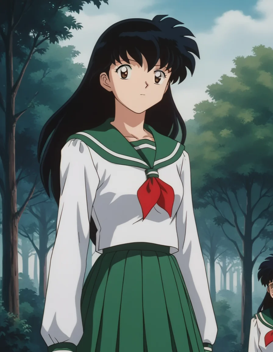 score_9, score_8_up, score_7_up, source_anime,
kagomehigurashi, <lora:kagome-higurashi-ponyxl-lora-nochekaiser:1>,
kagome higurashi, long hair, black hair, retro artstyle, brown eyes,
skirt, shirt, long sleeves, school uniform, white shirt, pleated skirt, serafuku, sailor collar, neckerchief, green skirt, red neckerchief,
outdoors, forest, nature,
looking at viewer,