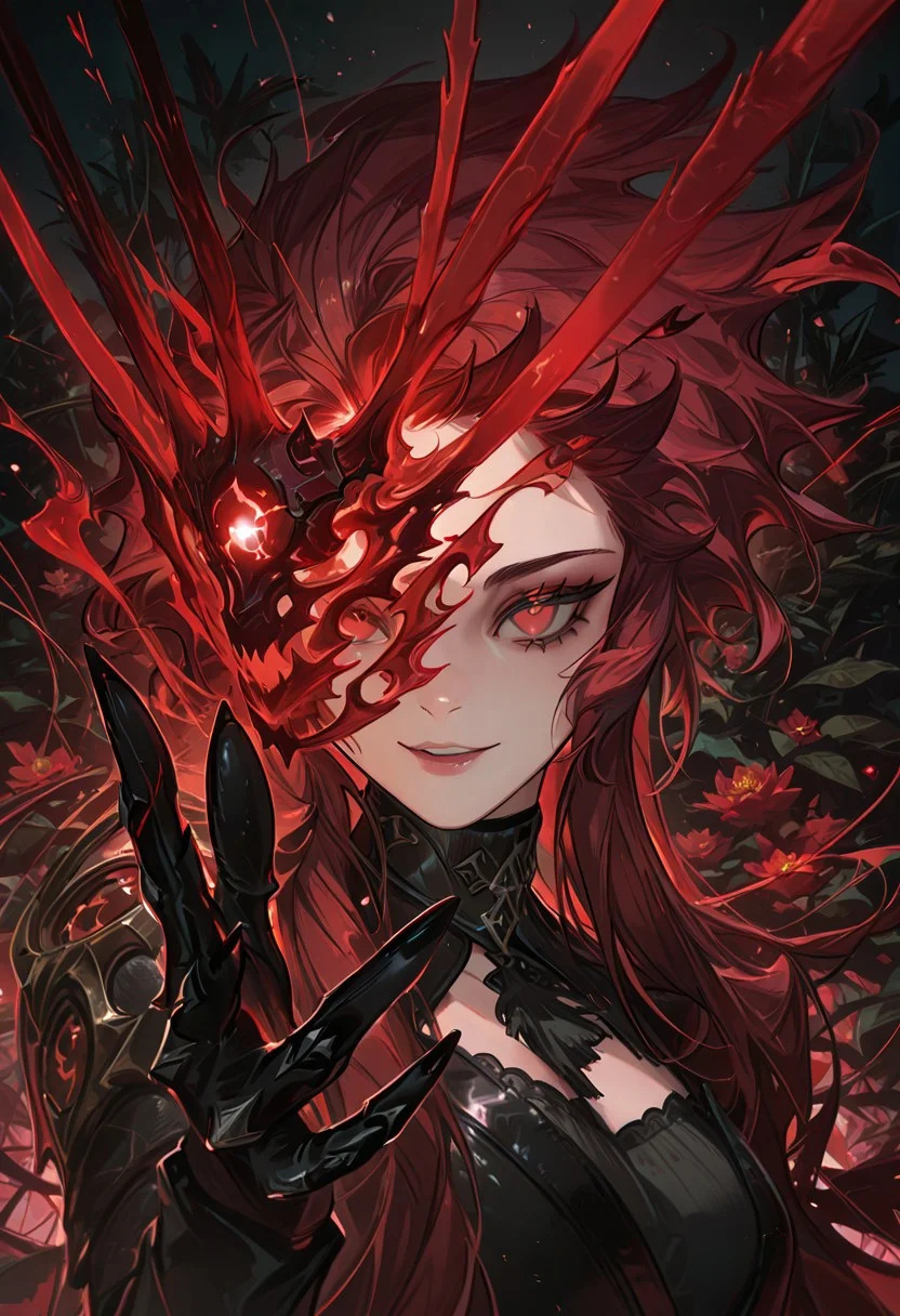 dark red hair, (very long hair:1.4), (Mino Han:1.3), sleeves, wavy hair, (wild hair:1.5), bangs, thick hair, golden shoulder pads, (manhwa:1.4), (korean girl:1.5), (adult:1.4), thick eyelids, black eyeliner, thick red eyebrows, black dress, turtleneck, cleavage, (sexy:1.6), bold, black gloves, black long nails, sexy grin, blink, garden background, blood, bold pose, (girl with red glowing fairy wings:1.2), red eyes, feline pupils, (front view:1.7), upper body portrait, (five fingers:1.5), (photorealistic:1.3), 
(painterly:1.4), (surreal:1.5), best quality, flat color, majestic, best quality, amazing quality, intricate detail, highly detailed, newest, highres, 8K, HDR, absurdres, high quality, dynamic composition, best quality, vibrant colors, holographic colors, gradient colors, (glamour shot:1.5), foreshortening