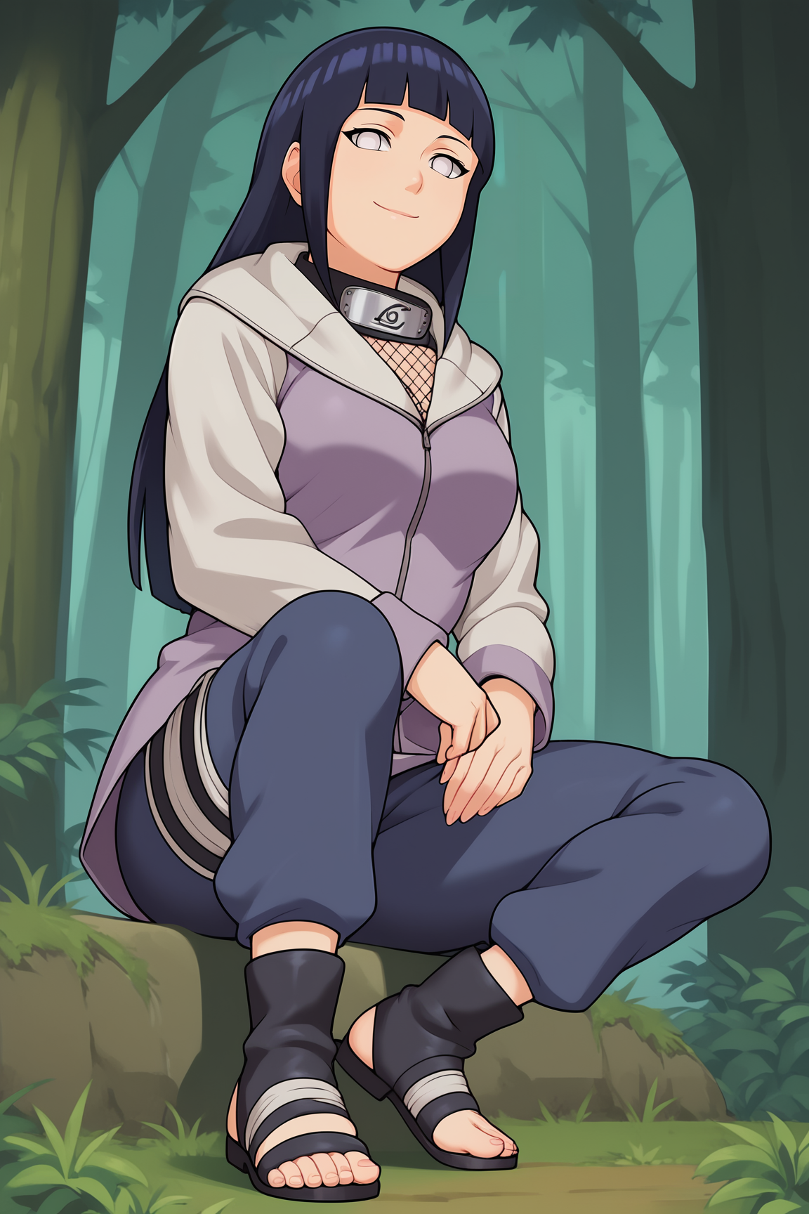 score_9, score_8_up, score_7_up, score_6_up, BREAK, HinataHyugaNXL, no pupils, white eyes, black hair, long hair, blunt bangs, mediun breasts, forehead protector, fishnets, purple jacket, long sleeves, blue pants, black footwear, toeless footwear, solo, full body, sitting, bellow view, seductive smile, looking at viewer, forest <lora:HinataHyugaNXL:1>