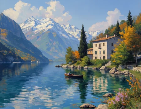 <lora:OBä¸ä¸çºªæ²¹ç»v1.1:1> OByouhua, oil painting
oil painting of beautiful lake, there is a small fishing boat in it, in the far back a large italina inspired villa, and in the further back are some snow peaked moutains, trees surround the villa, quite space, breathtaking views,