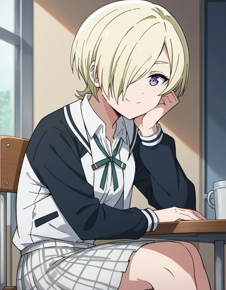 score_9, score_8_up, score_7_up, source_anime, <lora:mia-taylor-s2-ponyxl-lora-nochekaiser:1>, mia taylor, short hair, blonde hair, purple eyes, hair over one eye,, skirt, shirt, ribbon, school uniform, collared shirt, plaid, black shirt, neck ribbon, plaid skirt, white skirt, jacket, checkered skirt, nijigasaki academy school uniform,, indoors, smile, looking at viewer, solo, sitting, head rest, table,, cowboy shot, dutch angle