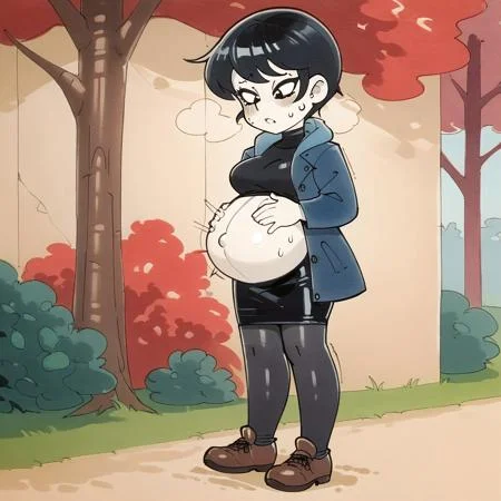 safe_pos, score_9, score_8_up, score_7_up, score_6_up, score_5_up, score_4_up, source_cartoon, rating_explicit, female, Jucika, white skinned female, black hair, black eyes, traditional media, flat color, solid color,alone, sweating, full body, pregnant, outdoors, park, standing, black skirt, leggings brown shoes, blue coat, black shirt with turtle neck, hand on belly, belly shaking