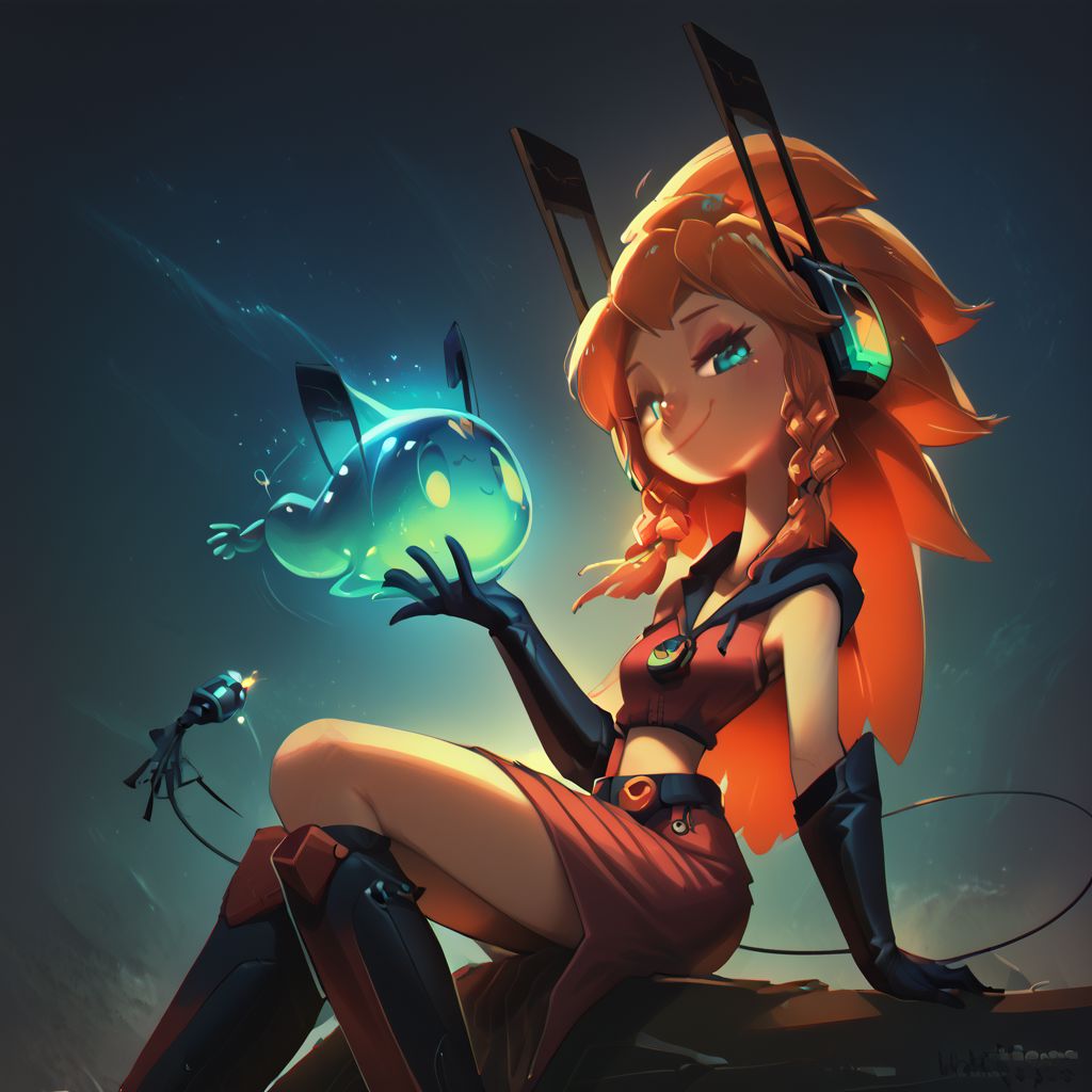 score_9, score_8_up, score_7_up, score_5_up, 28y old girl, pale skin, tall girl, long (((thick))) neck, long legs, (sitting), astronaut engineer, gradient brass to copper, heavy visor robot eye on one eye, two eyes, oversize long thick darkcopper skirt, ((engineer gloves)), taped long skirt above legs, heavy utility tools belts hanging, champion belt with huge buckle with many toolboxes, oversize hoodie on back, red thick rubber oversize hood on the back top, open helmet, covered ears, light plate space armor, heavy backpack, covered neck with radio, microphone from headset to mouth, thick black wires around, ((oversize)) thick glass bubble helmet transparent, mecha long winglike antennas above helmet, square oversize glasses, white rubber heavy sneakers, white long socks, translucent slime boy, (((black thick and long wire tail))),  beautiful eyes, (((detailed eyes, detailed face))), (smug), (((long)) (tape) (striped) hairstyle with this single ((large)) (((very long))) taaped braid, soft shading, 8k, masterpiece, face and waist close-up shot, dark space background,
