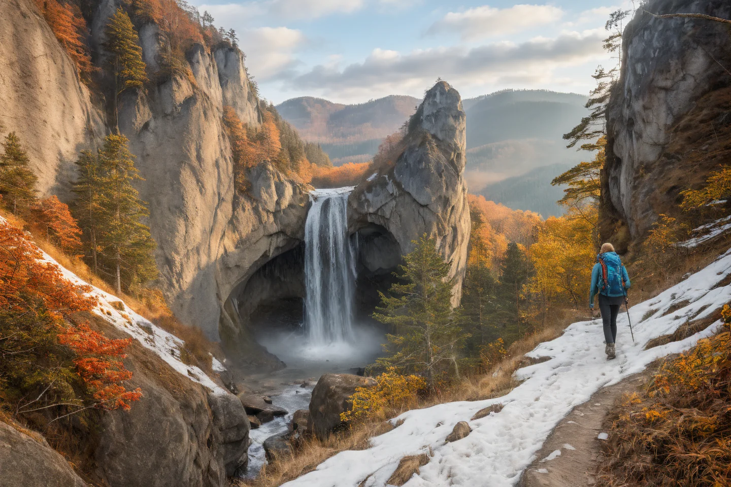 Hyperrealistic art professional photo, woman hiking in mountains, autumn winter, scenery, path through cliffs up to hill to rock window, waterfall, forest, (dramatic sky, journal cover shot, natural colors, correct white balance, color correction, dehaze,clarity), . Extremely high-resolution details, photographic, realism pushed to extreme, fine texture, incredibly lifelike <lora:When_autumn_meets_winter_XL:1>