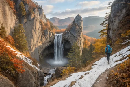 Hyperrealistic art professional photo, woman hiking in mountains, autumn winter, scenery, path through cliffs up to hill to rock window, waterfall, forest, (dramatic sky, journal cover shot, natural colors, correct white balance, color correction, dehaze,clarity), . Extremely high-resolution details, photographic, realism pushed to extreme, fine texture, incredibly lifelike <lora:When_autumn_meets_winter_XL:1>