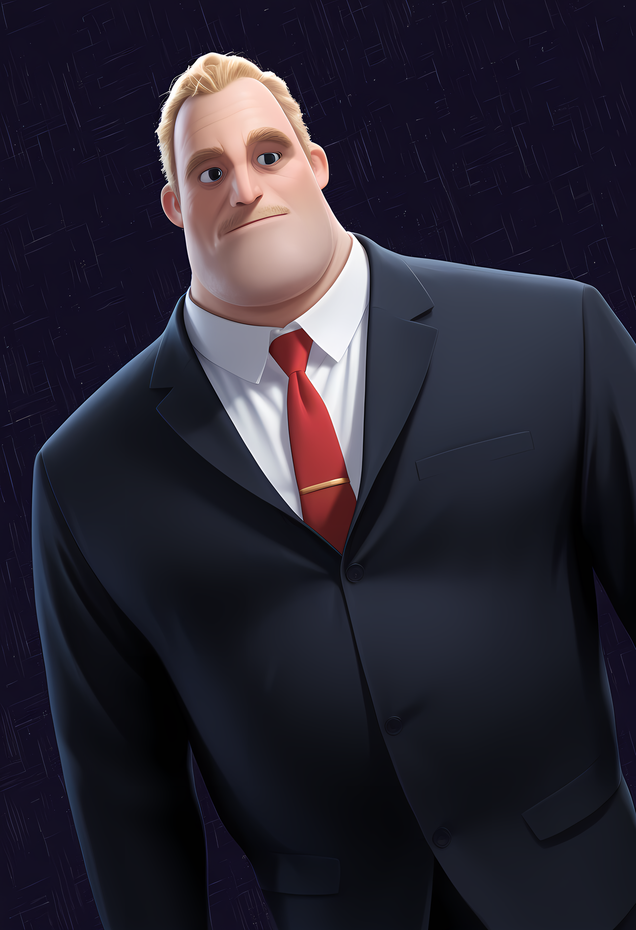 masterpiece, best quality, amazing quality, dutch angle, abstract background, BREAK 
mature male, solo, 1boy, bobparr, short hair, blonde hair, black eyes, dark suit, white shirt, business suit, red necktie, BREAK
 <lora:cfg_scale_boost:.6>  <lora:Robert_Bob_Parr_-_The_Incredibles_-_ILXL_2_Outfits:1>