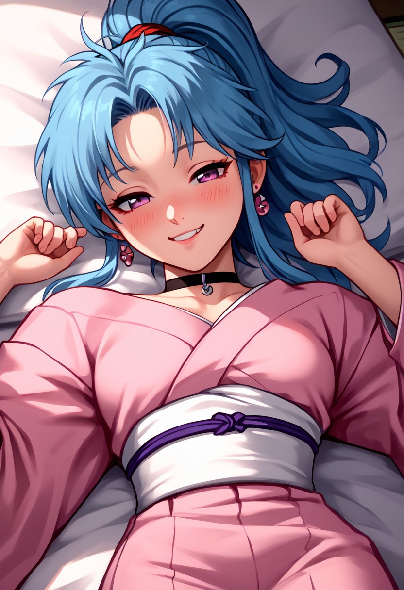 score_9, score_7_up,  1girl, solo, BTN, ponytail, blue hair, purple eyes, pink kimono, white sash, long sleeves, wide sleeves, red ribbon,  on back,       <lora:Botan 2:1>, ultra detailed eyes, off shoulder, tight kimono, smiling, choker, earrings, blushing, eyes half closed, smirk, pleasured expression