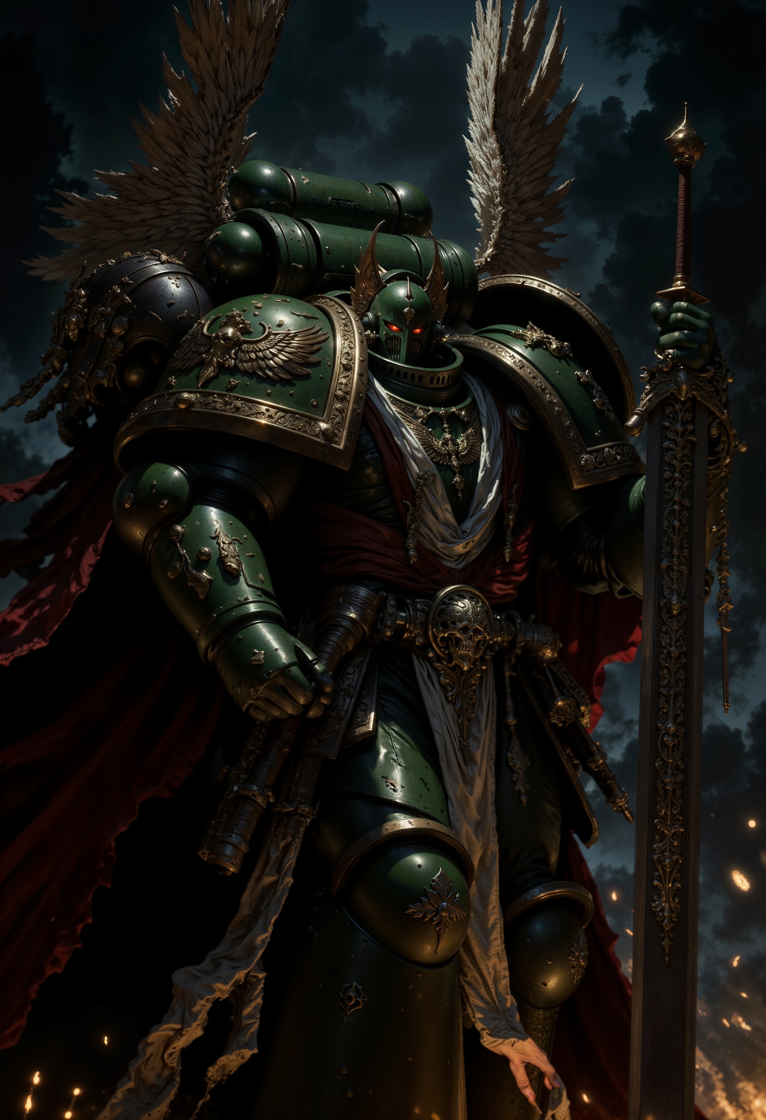 a DarkA40k knight in full armor. The style is dark and dramatic, with a focus on the intricate details of the armor, which is metallic and reflective, showing signs of wear and battle. The knight is positioned dynamically, holding a large sword in a combat-ready stance. The armor includes a winged helmet with a visor, obscuring the face, and chainmail visible at the joints. The background is a dark, smoky environment with glowing embers and sparks, enhancing the intense and action-oriented atmosphere. The color palette is dominated by dark green and blacks, with highlights of red from a tattered cape flowing behind the knight. <lora:FluxDarkA40k:0.9> <lora:FluxMythP0rtr4itStyle:0.6> <lora:flux.1_lora_flyway_Epic-Characters_v1:0.6> <lora:Elden_Ring_-_Yoshitaka_Amano:0.33>