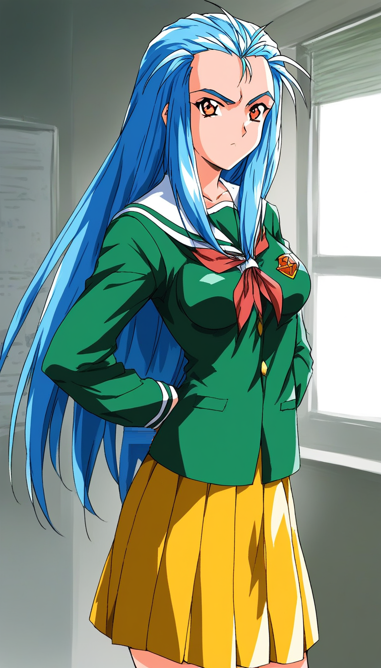 score_9, score_8_up, score_7_up, source_anime, rating_explicit, BREAK <lora:Minazuki_Kotoko_XL:1> Minazuki_Kotoko, blue hair, long hair, orange eyes, medium breasts,
1girl, solo, school uniform, scowl, looking at viewer, long sleeves, green shirt, serafuku, indoors, shirt, window, 1990s (style), Yellow skirt,
down arms,