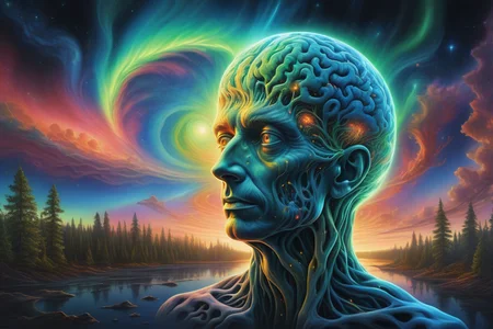 cognitive dissonance, psychiatric disorder, stockholm syndrome, neural network, content,anxious,curious, hyper detailed masterpiece, dynamic realistic digital art, awesome quality,flammable aurora of enlightenment,corroding celestial giant,chrono displacement print oasis subsurface scattering (sss),parallax, echoing,nature,atmospheric phenomena