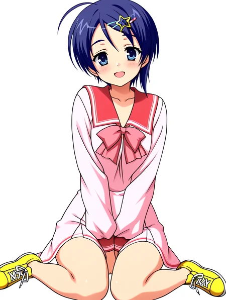 simple background,solid white background,
masterpiece,best quality,newest,absurdres,highres,detailed eyes,beautiful,detailed background,perfect eyes,anime coloring,anime screencap,
nsfw,explicit,<lora:add-detail-xl:1>,<lora:ponyv4_noob1_2_adamW-000017:0.8>,wear clothes,
1girl,solo,
looking at viewer,smile,open mouth,blush,
<lora:IL-Tokusa-Honoka-10:1>,il-honoka-tenshin,school uniform,pink serafuku dress,short hair,hair ornament,hairclip,(red bowtie),hairclip star (symbol),pink dress,blue eyes,pink ribbon,(long wavy ribbon on dress),thin ribbon,blue hair,red sailor collar,bangs,long sleeves,yellow sneakers,