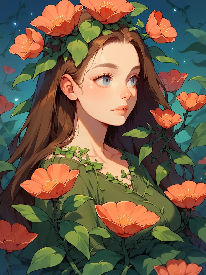 <lora:gr33nXLP:1> gr33n, solo, 1girl, long hair, plant, flower, score_9, score_8_up, score_7_up, score_6_up, vines, curvy,