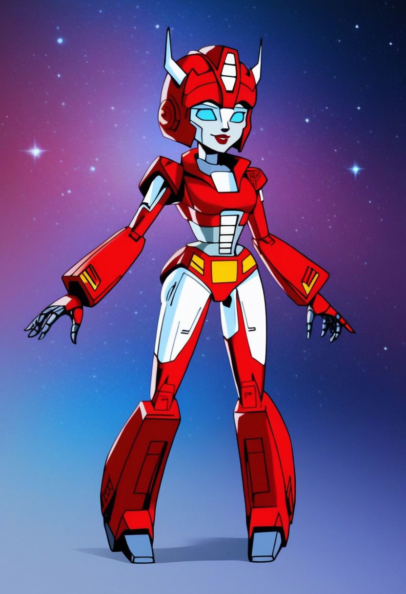 robot planet in space
score_8_up <lora:Transformers 86 FT-000005:1> 1female, autobot, female, all red body, red legs, red head, red armour, small body, petite body, slender form, full body, slim body, slim waist, round large eyes, blue eyes,  short legs, small heads, small horns protruding from head, , female lips, happy expression, smiling, curvy limbs, (shortstack:0.5)
