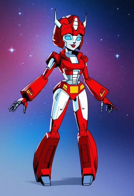 robot planet in space
score_8_up <lora:Transformers 86 FT-000005:1> 1female, autobot, female, all red body, red legs, red head, red armour, small body, petite body, slender form, full body, slim body, slim waist, round large eyes, blue eyes, short legs, small heads, small horns protruding from head, , female lips, happy expression, smiling, curvy limbs, (shortstack:0.5)