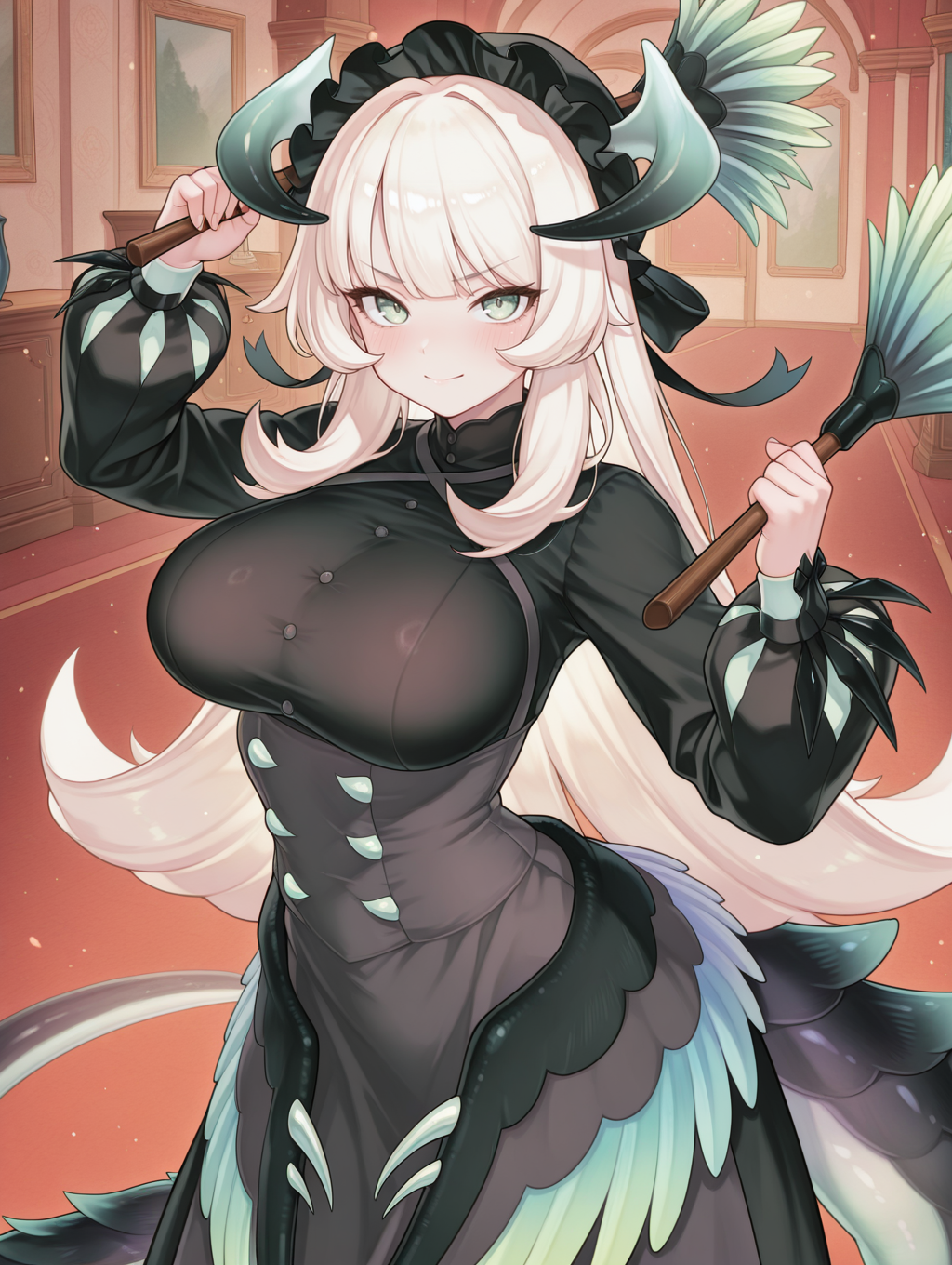 chamber dragonmaid,1girl,holding duster,solo,black mob cap,looking at viewer,smile,large breasts,black maid dress,blush,cowboy shot,closed mouth,sidelocks,duster,indoors, fighting stance, serious, dual wielding, 
masterpiece,best quality,amazing quality,very aesthetic,absurdres,newest,<lora:Chamber dragonmaid illuXL v1:0.73>,