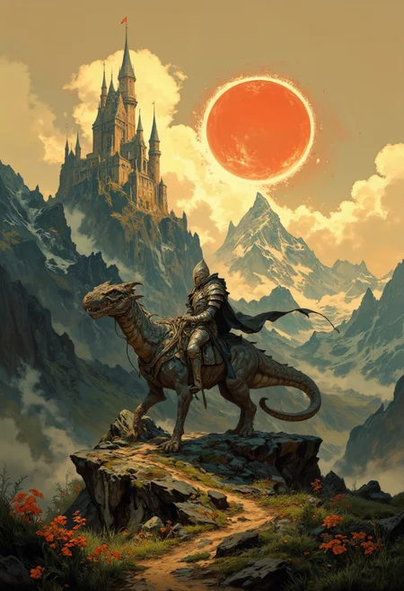 8k high quality digital painting , masterpiece, very detailed, ultra realistic, (best quality) very detailed epic masterpiece, 
unearthly beautiful, a breathtakingly beautiful landscape in the French Alps, in the foreground a shiny knight riding on a dinosaur-like dragon watches a beautiful castle in the distance, the low yellow-red sun casts long shadows, enchanting landscape, fairytale-like, calm mood, flowers in the foreground, realistic