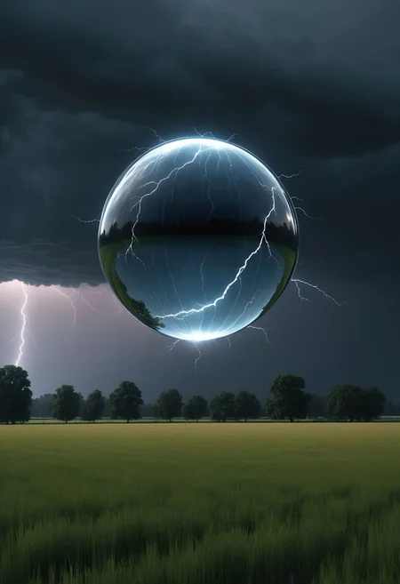 (exquisite detail:1.0)), (perfect quality:1.0), (specular reflections:1.0), (rayleigh scattering:1.0), (photoreal:1.0), a spinning sphere of electrinicty hovers above a field in a thunderstorm