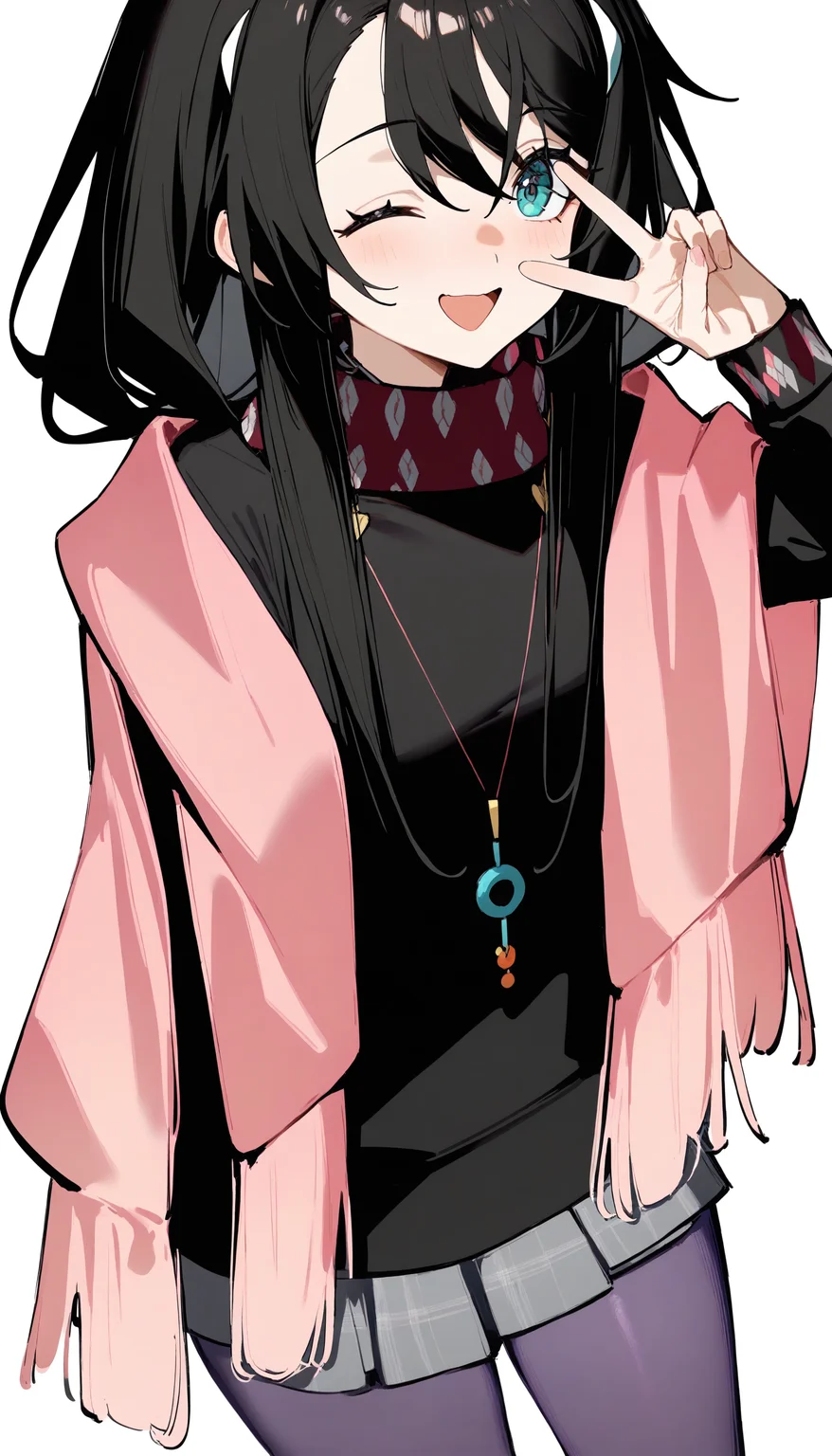 1girl,
inori,mo8,ciloranko,
hairclip,black sweater,necklace,pink shawl,white background,simple background,upper body,solo,very long black hair,purple pantyhose,v,one eye closed,open mouth,
masterpiece,best quality,newest,absurdres,safe,<lora:Fixhands_anime_bdsqlsz_V1:1>,<lora:inori8:1>,