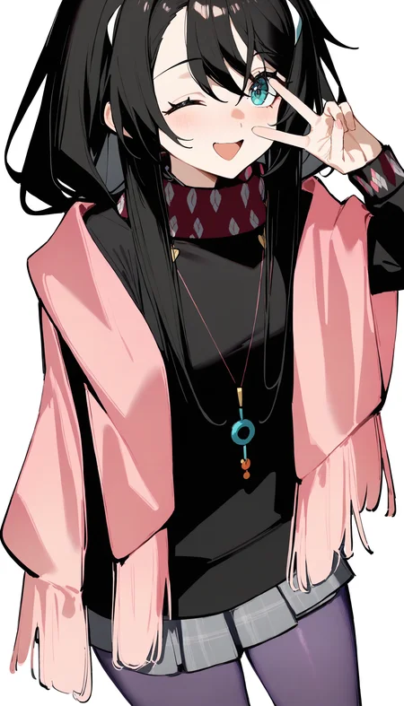 1girl,
inori,mo8,ciloranko,
hairclip,black sweater,necklace,pink shawl,white background,simple background,upper body,solo,very long black hair,purple pantyhose,v,one eye closed,open mouth,
masterpiece,best quality,newest,absurdres,safe,<lora:Fixhands_anime_bdsqlsz_V1:1>,<lora:inori8:1>,