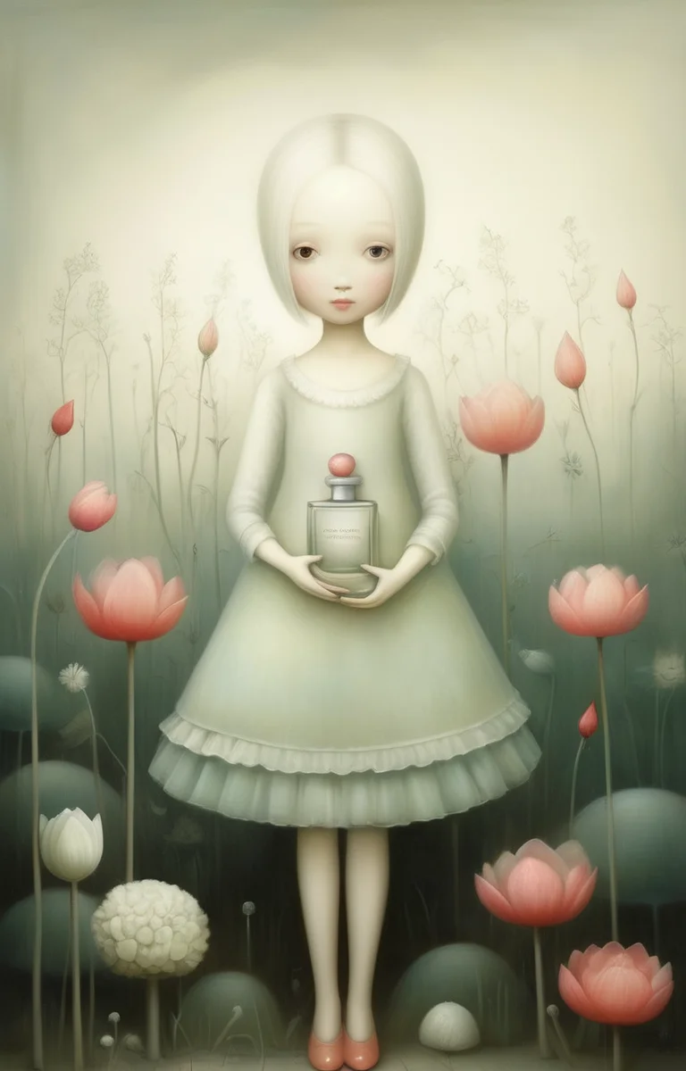 masterpiece,best quality,<lora:tbh340-sdxl:0.75>,illustration,style of Nicoletta Ceccoli, A bottle of perfume in garden