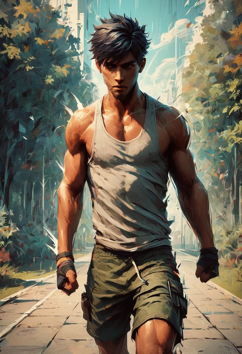 Masterpiece, score_9, score_8_up, athletic male, short dark hair, jogging in a park, wearing a tank top and shorts, focused expression, dynamic motion, rgtexture