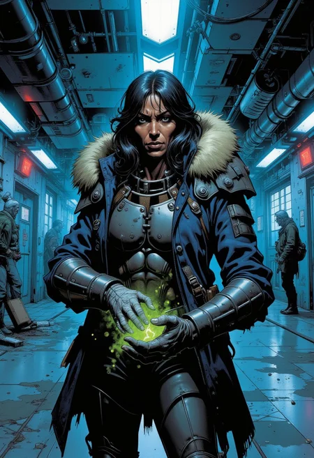 Epic, comic book style detailed digital character rendering of a (Good:1.2) ((African :1.5)) female battlemage. (Medium length black hair:1.1), middle-aged with (light wrinkles:1.1), imposing and rugged look. Wearing a (post-apocalyptic navy jacket:1.4) with furry collar, layered beneath is a (metal armor armor:1.3). Proud stance, (kind expression:1.2). Green healing magic emanating from hands (Healing:1.8). Clothing incorporates various textures: (metal:1.1), (fabric:1.5), and (leather:1.5). Bandaged hands.
Presented against a background of a futuristic corridor bathed in blue light with occasional red emergency lights casting soft glows along the edges. The corridor is so wide the walls cannot be seen. Some ceiling panels removed or hanging loose, exposing wires and cables. Small vents release intermittent bursts of steam, and the floor is worn, marked with scuffs and stains. Blue lights line the ceiling, creating an abandoned yet functional feel. The corridor feels as though it was once a main thoroughfare, now left neglected and quiet, with distant sounds echoing faintly
