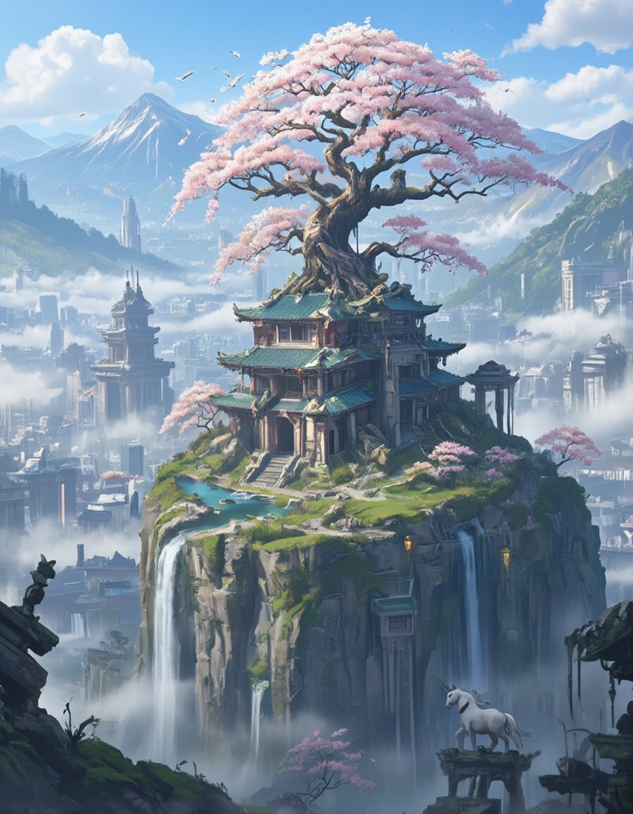 <lora:City_Worlds_02__Lost_-_Temple:1> cw02lost, a forgotten, asian old temple city on a mountain, fog, misty mountains, waterfall, lanterns, pond, cherry blossom, giant roots, birds, sunny day, blue sky, clouds, sun shades, white unicorn, huge city ââspread over several mountains, poetic, twisted tree