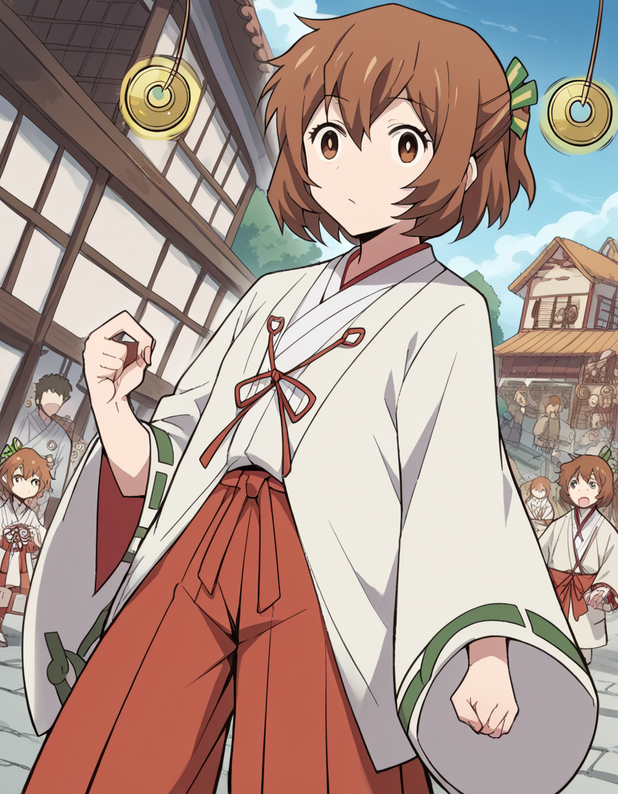score_9, score_8_up, score_7_up, source_anime, <lora:loghorizon-minori-s2s3-ponyxl-lora-nochekaiser:1>, minori, short hair, brown hair, brown eyes, half updo, ponytail, short ponytail, hair ribbon,, japanese clothes, wide sleeves, miko, hakama, red hakama,, town, small, streets, community, people, , <lora:pendulum-ponyxl-lora-nochekaiser:1>, pendulum, holed coin, coin on string, hypnosis, mind control, coin, @ @,, looking at viewer, solo,, dutch angle, cowboy shot