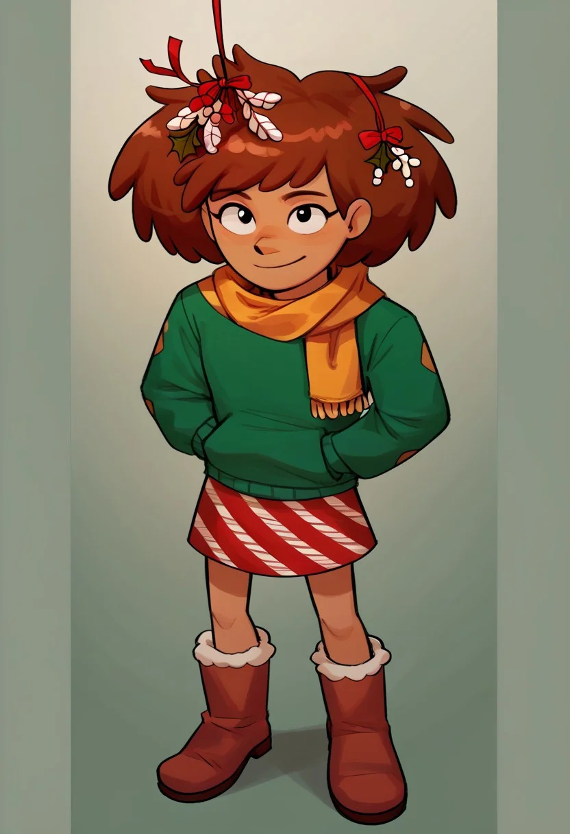 Score_9, Score_8, Score_7, relatedguy, channeboonchuy, , from above, , furry boots, plate skirt, , green jumper, , yellow scarf , christmas , candycane in hair, mistletoe in hair , solo