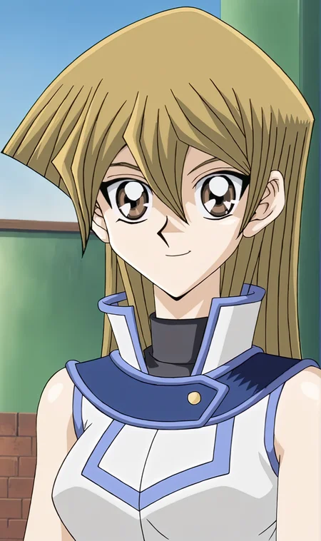 AR, 1girl, solo, brown hair, long hair, brown eyes, blue duel academy uniform (yu-gi-oh! gx), portrait, retro artstyle, smile, looking at viewer,<lora:Alexis Rhodes Pony XL:0.8>