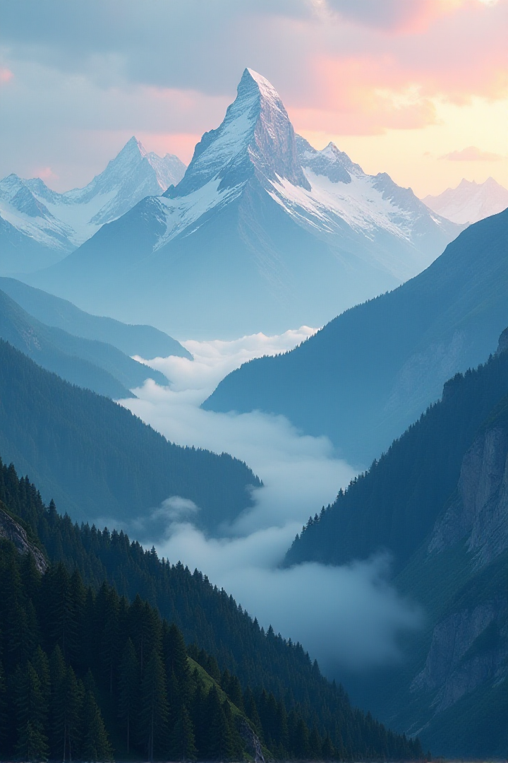 their peaks veiled in mist. great lighting, A surreal landscape highly detailed . extremely high-resolution details, appears trapped in an optical illusion of reflections and refractions colorful , professional photography, natural lighting, volumetric lighting maximalist. intricately detailed, complex, elegant, expansive, fantastical, film photography style, in the distance layers of mountains strech to the horizon in shades of blue, mysterious fog envelops the landscape, adding depth and atmosphere to the composition, ultra-detailed, hyper-detailed, ambient lighting, (masterpiece), (Amazing quality), (phenomenal aesthetic), cinematic moment, 8K<lora:FLUX_Ghibsky_Illustrations.safetensors:0.8:1.0>âââ